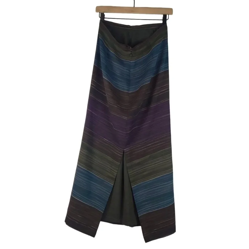 Skirt Maxi Slender Lined Multi Color Blended Stripes Rows Across Slit One side